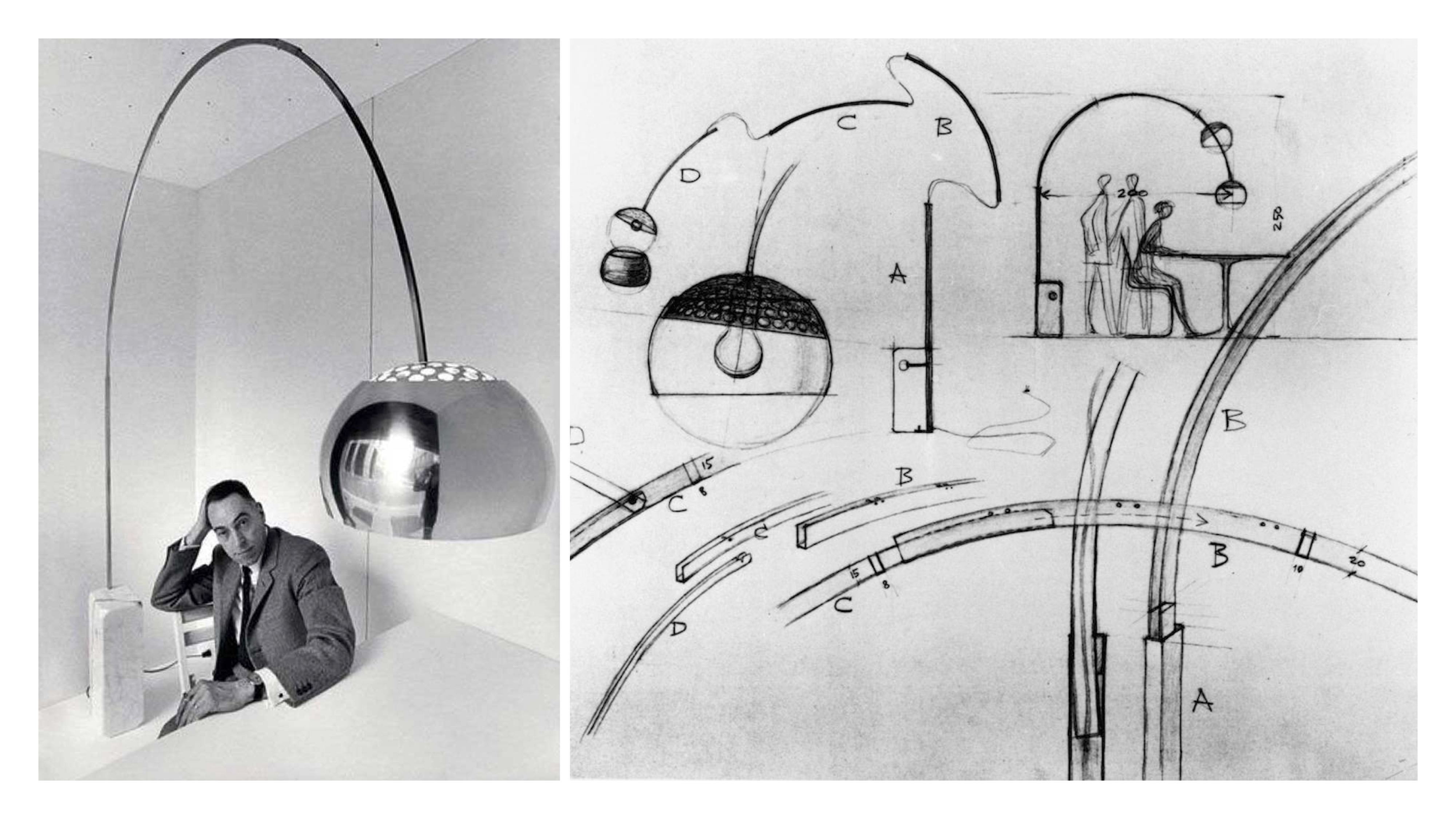Flos booglamp ontwerpen door Archille en Piere Castiglioni, 1962