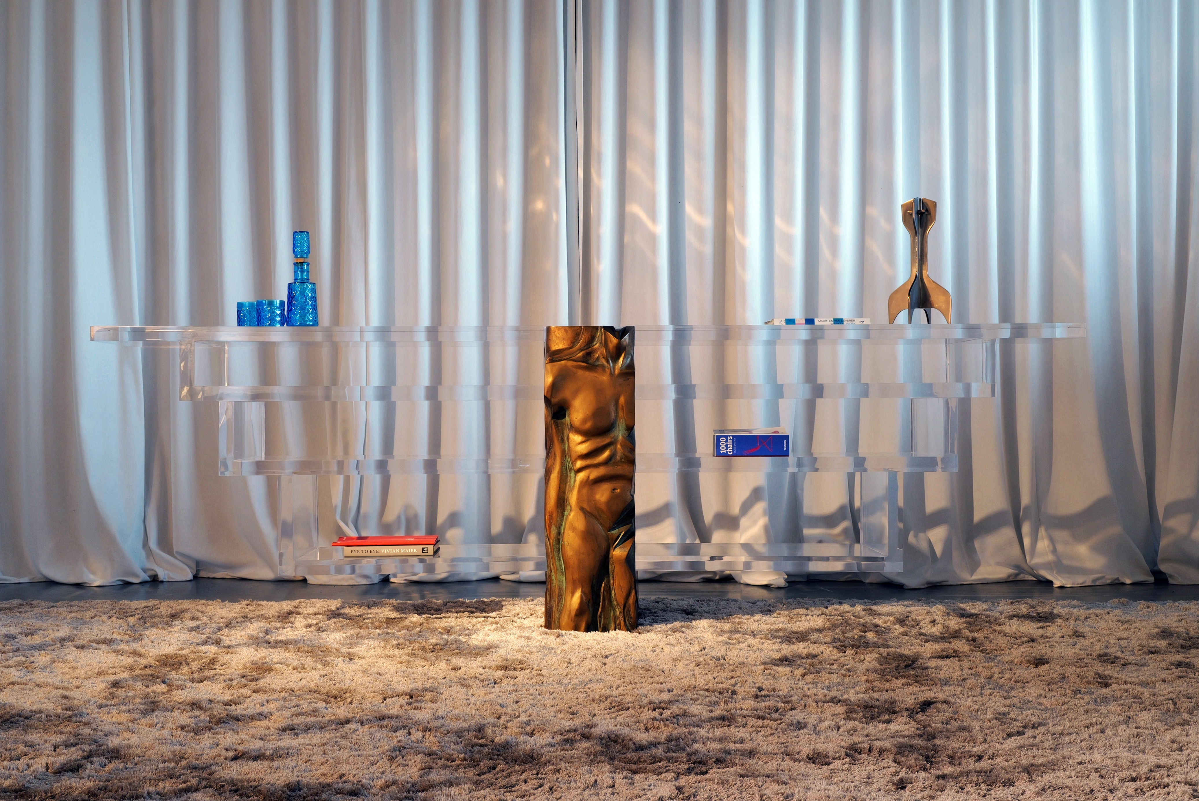 Plexiglass console with bronze male torso by Massimo Papiri for Tamanti, 1970's