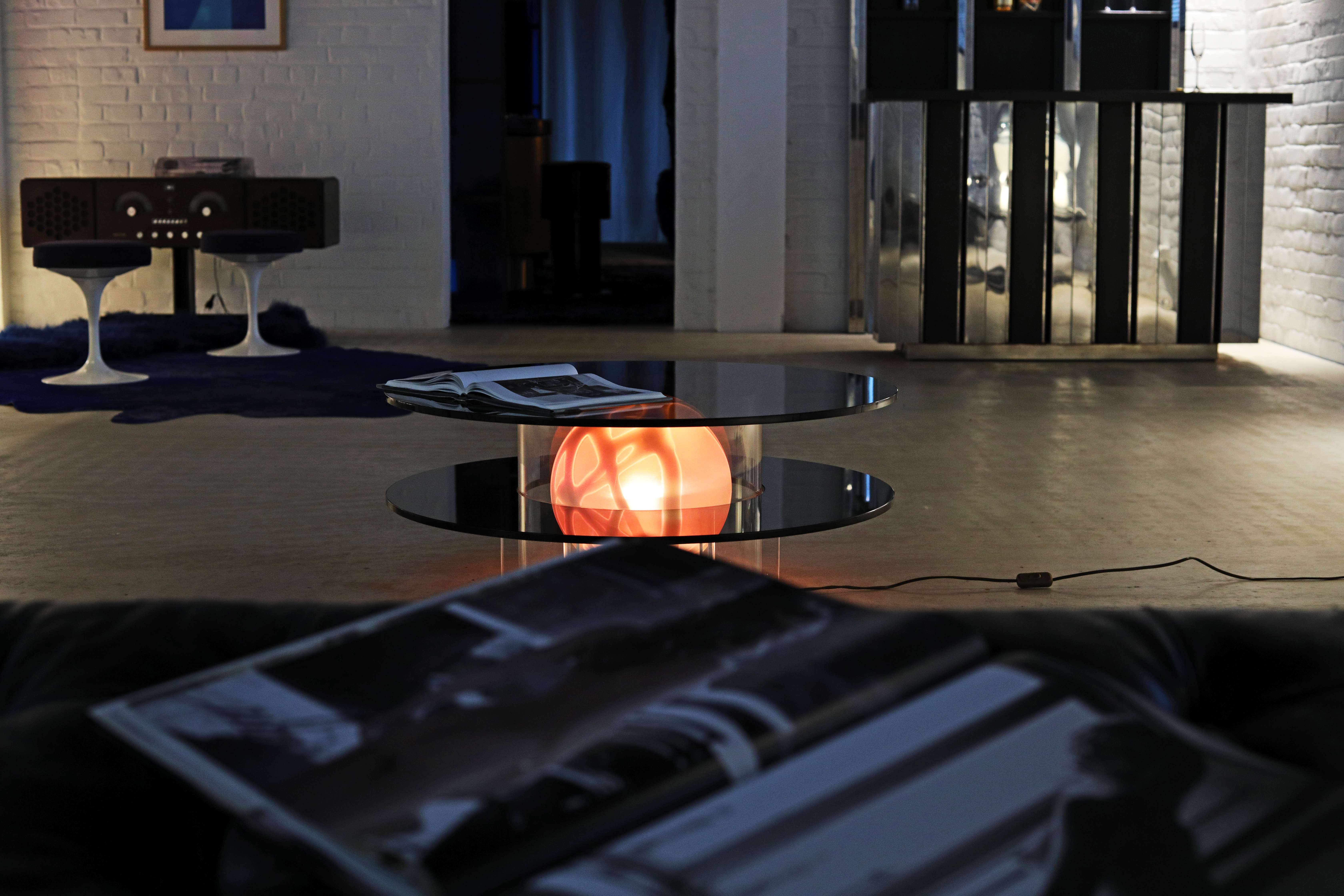 Italian Space Age coffee table in smoked glass with Murano globe lamp, 1970's