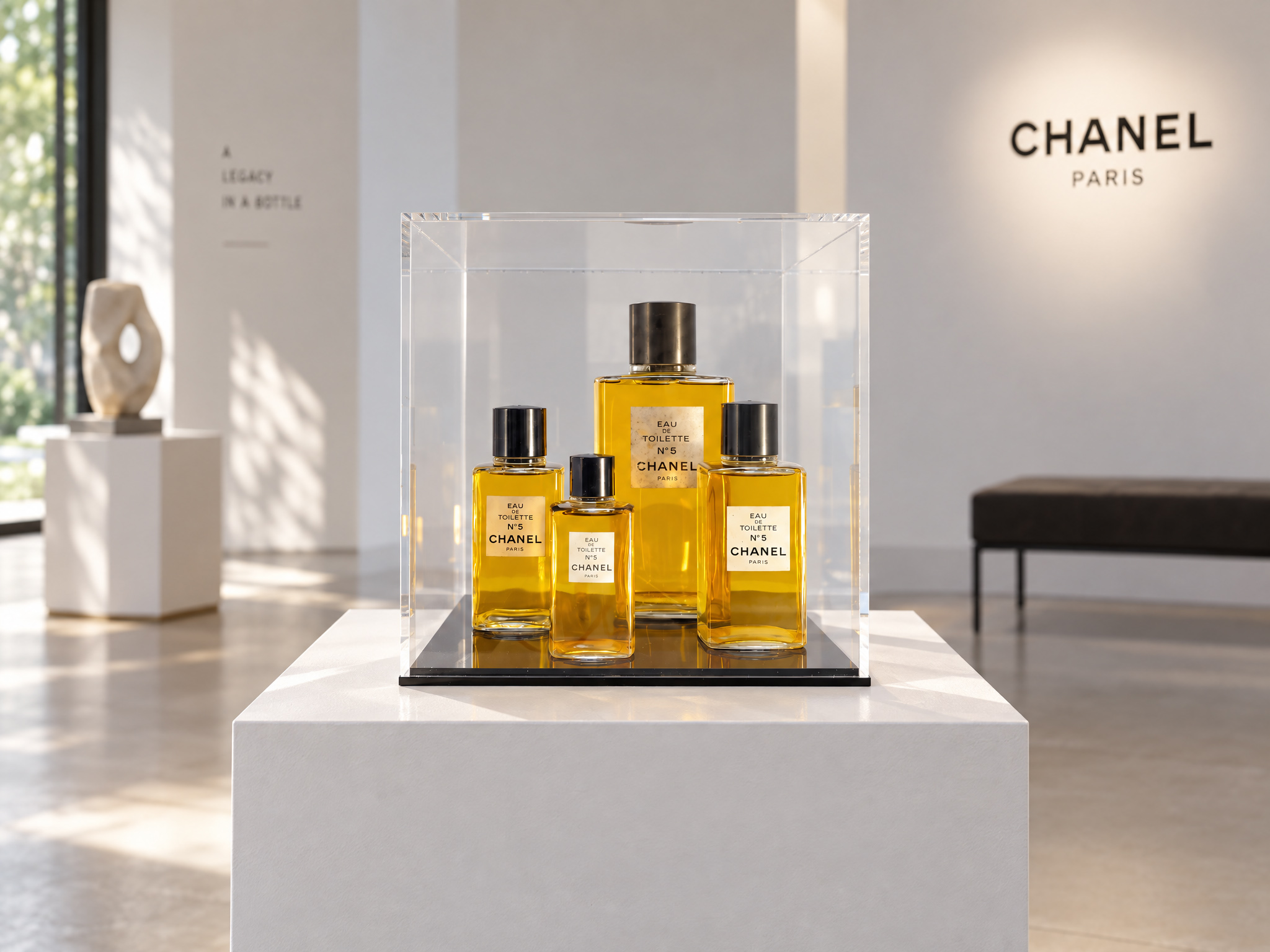 Vintage Chanel perfume bottles in plexiglass display case, 1980s